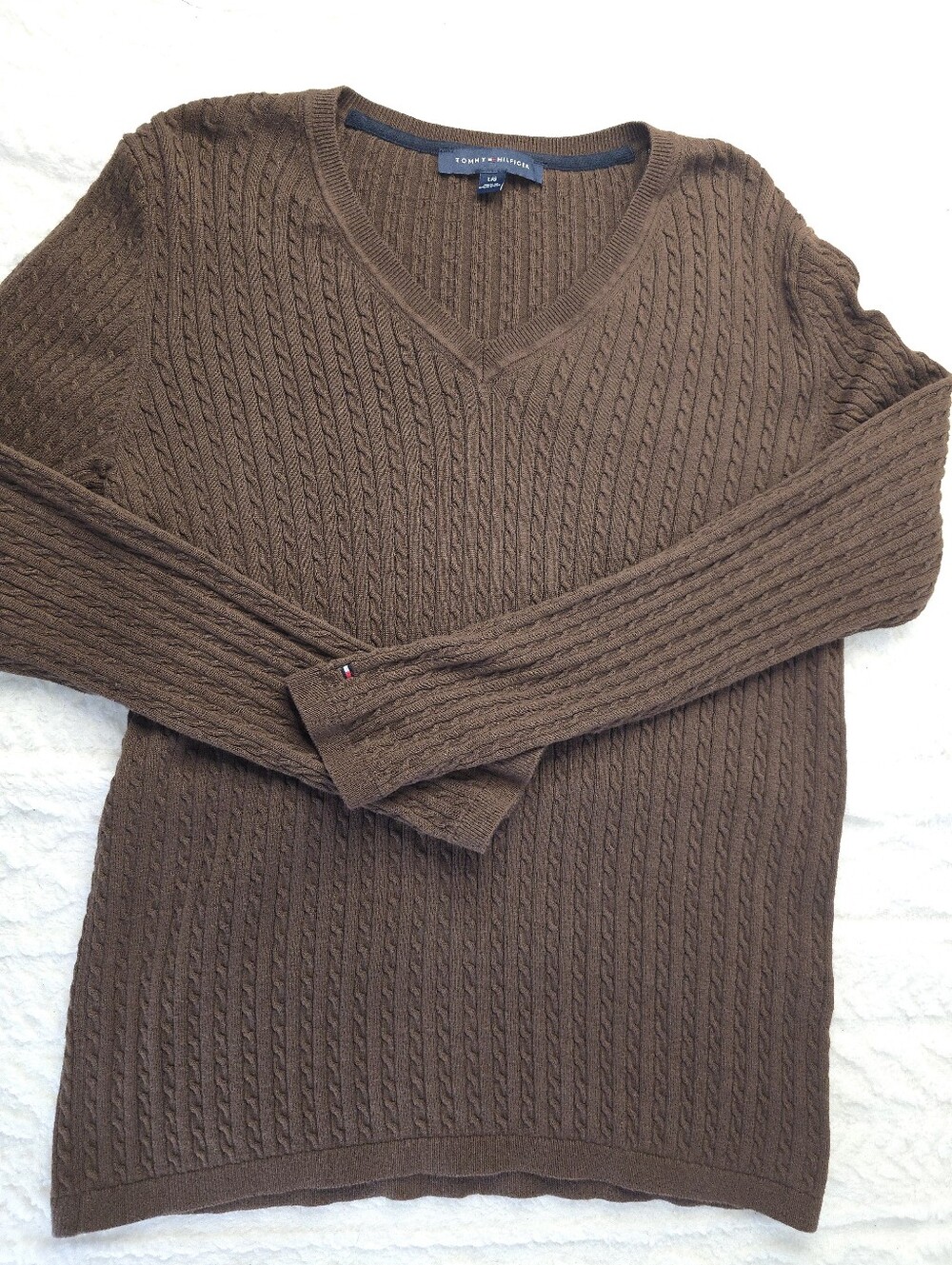 Tommy Hilfiger Cable Knit Sweater Brown Lightweight Cotton V-neck Preppy L